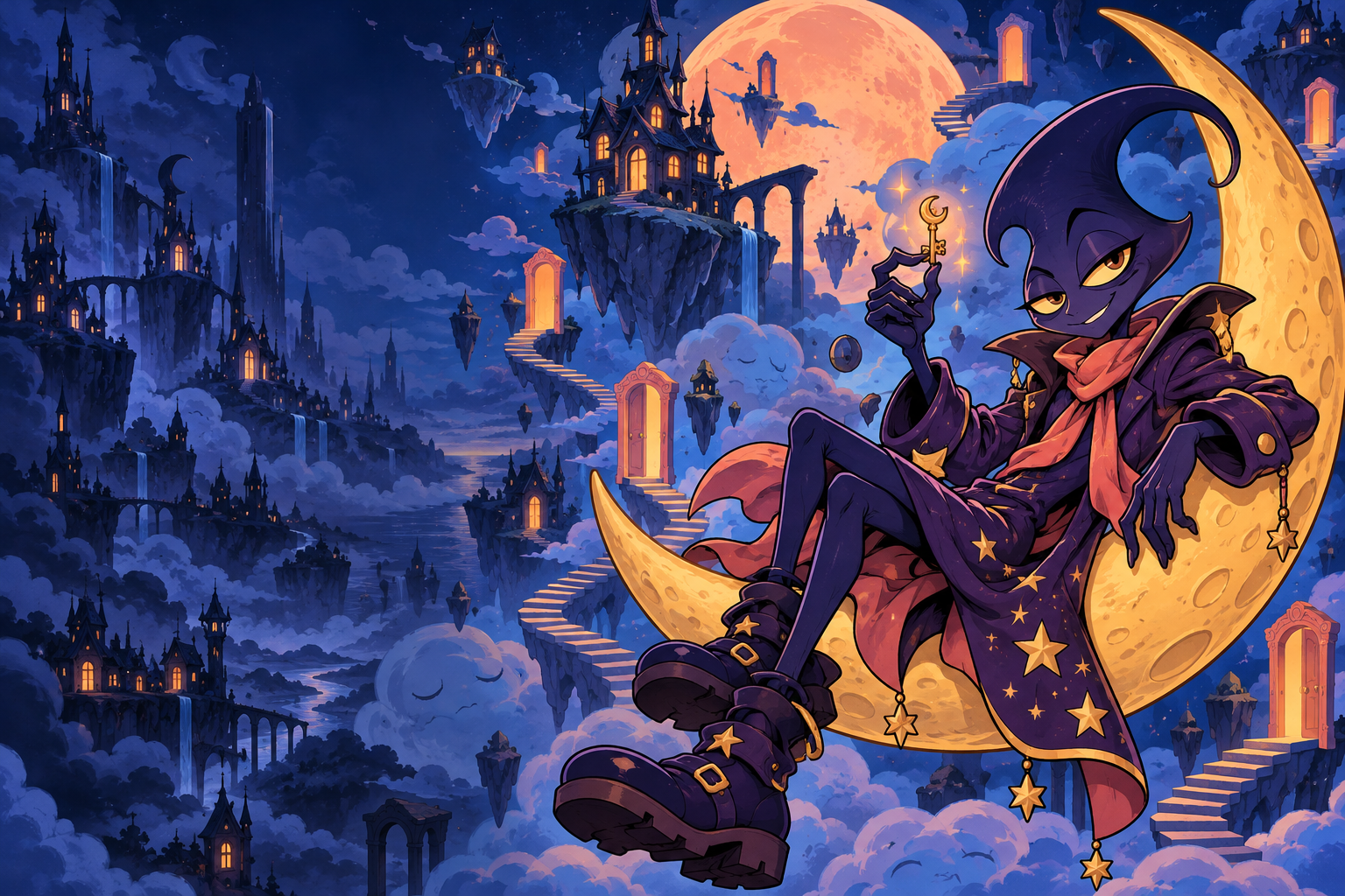 Rem, a sly purple dream keeper, lounges on a floating crescent moon above impossible islands