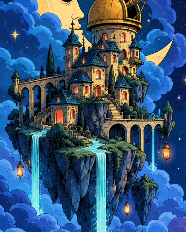 A golden observatory beneath a sleepy crescent moon