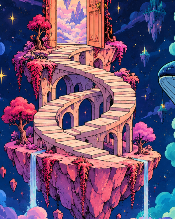 A coral door at the top of a staircase that loops through the sky