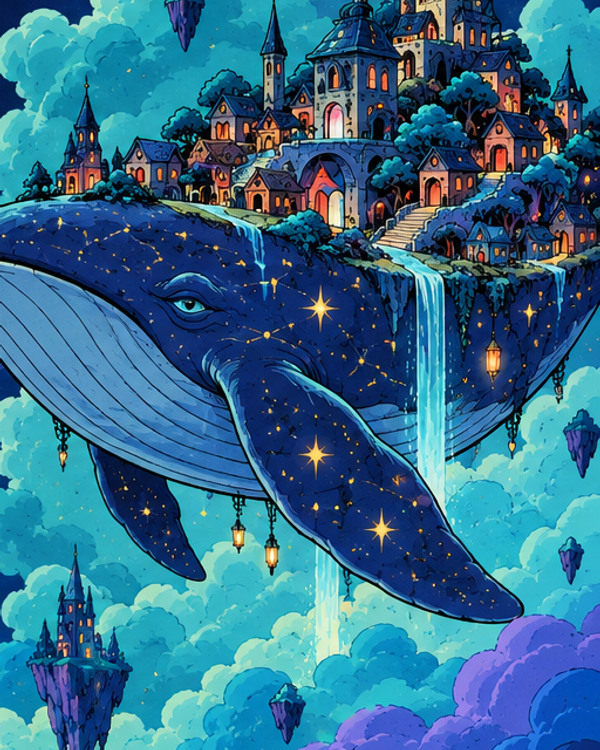 A whale carrying a miniature town through turquoise clouds